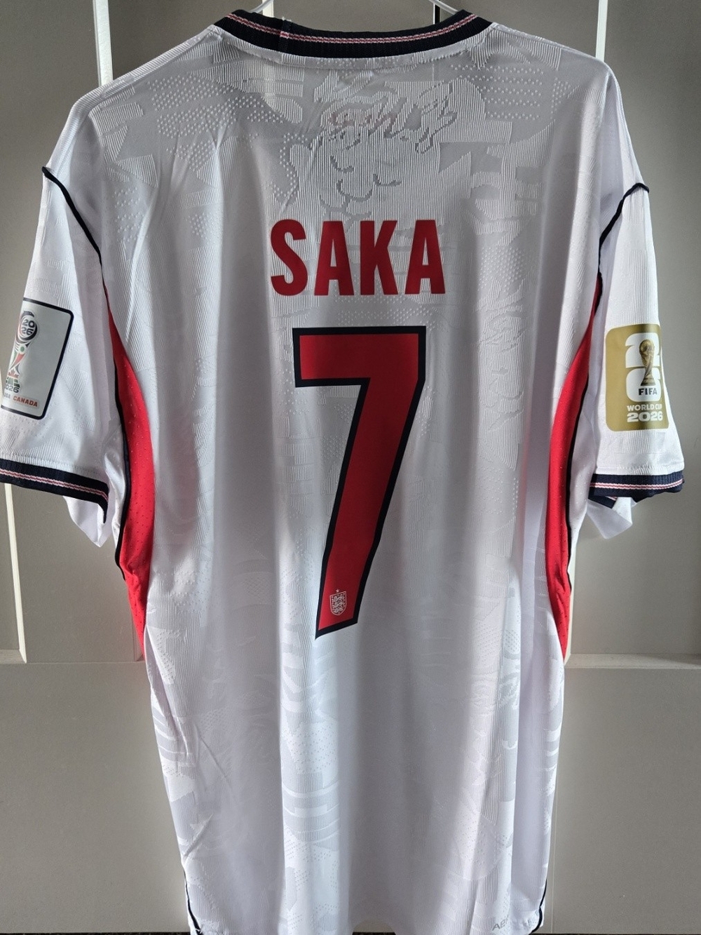 England Saka #7 White and Red Men's Football Jersey